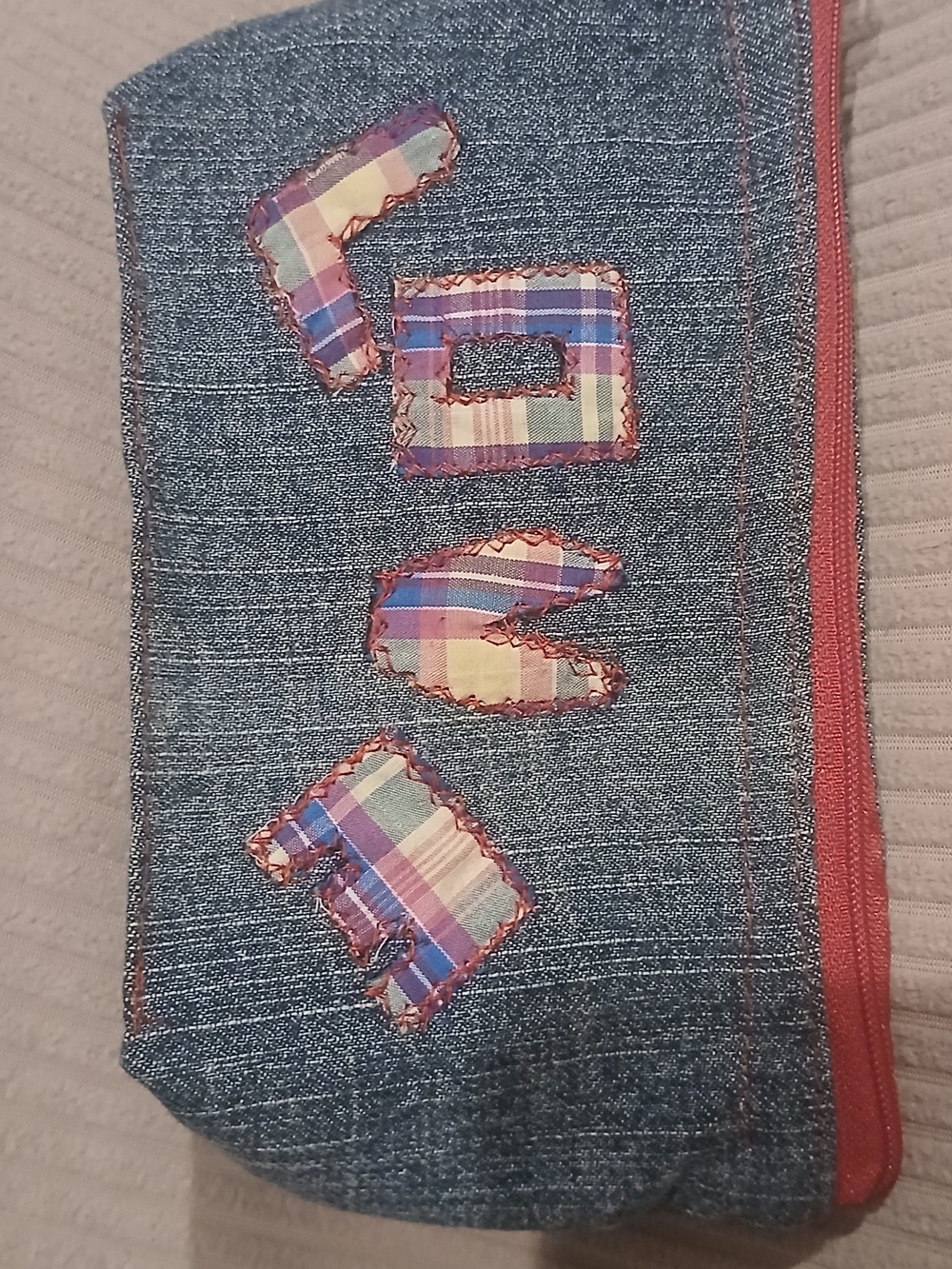 Women's Blue Denim Jeans with Multicolor Plaid Appliqué Mini bag